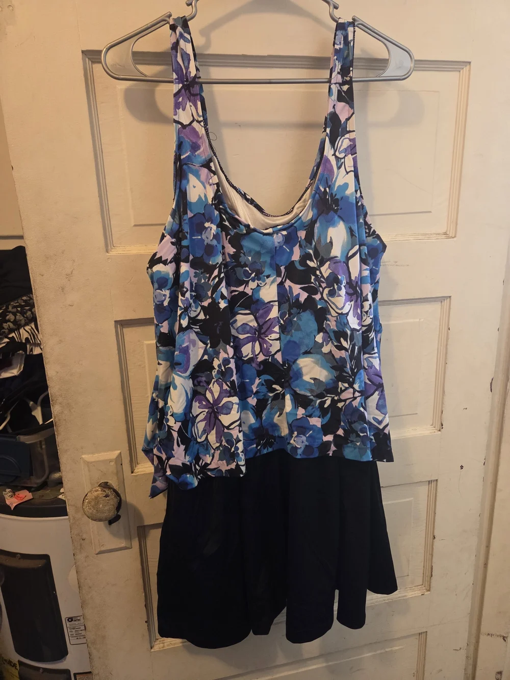 Floral Blue & Purple Tank One-Piece Swimdress with Black Skirt